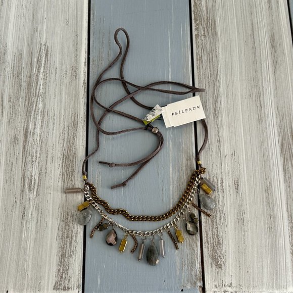 Silpada Courtyard Chic Suede Cord Necklace w Agate Pyrite Sterling Labradorite - Picture 2 of 7